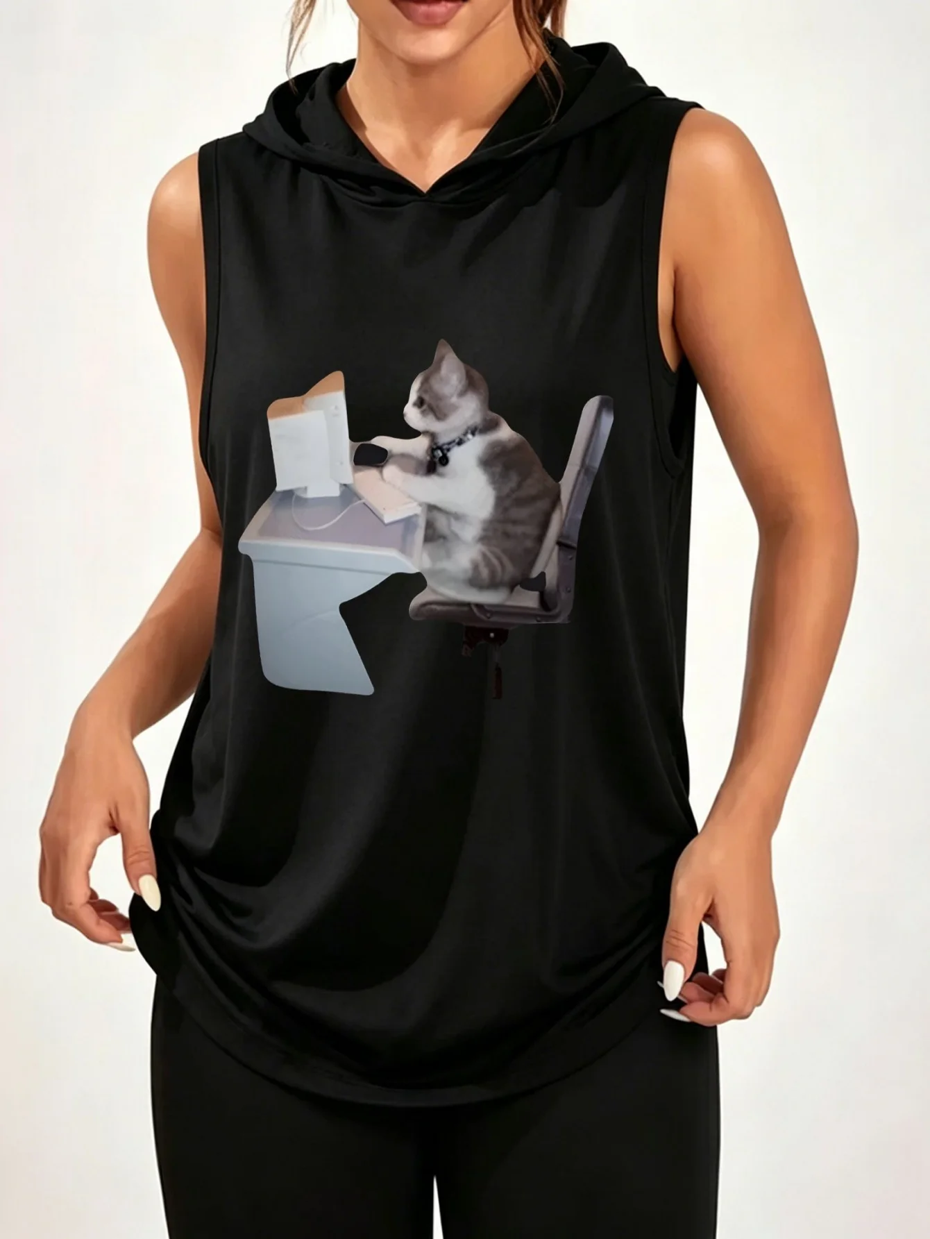 Unisex Funny Working Cat Computer Meme Print Sleeveless Hooded Tank Top Cute Kitten Casual Hood Vest