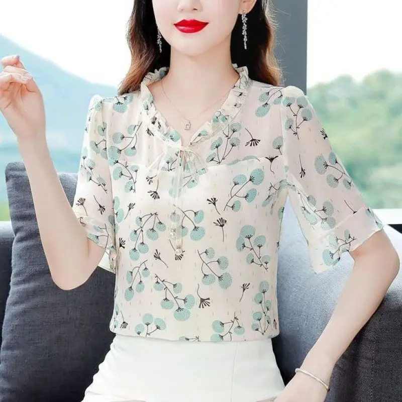 Women Summer Fashion Elegant Loose Printing O-neck Short Sleeve Chiffon Shirts Women Clothes Casual All-match Appear Thin Tops