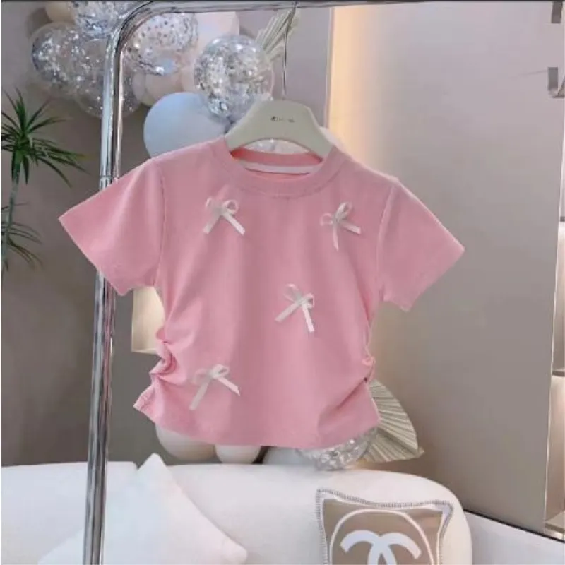 Baby Girl Cotton Bow Short Sleeve T-shirt Summer Autumn Infant Toddler Child Pullover Casual Sweatshirt Baby Clothes 18M-7Y