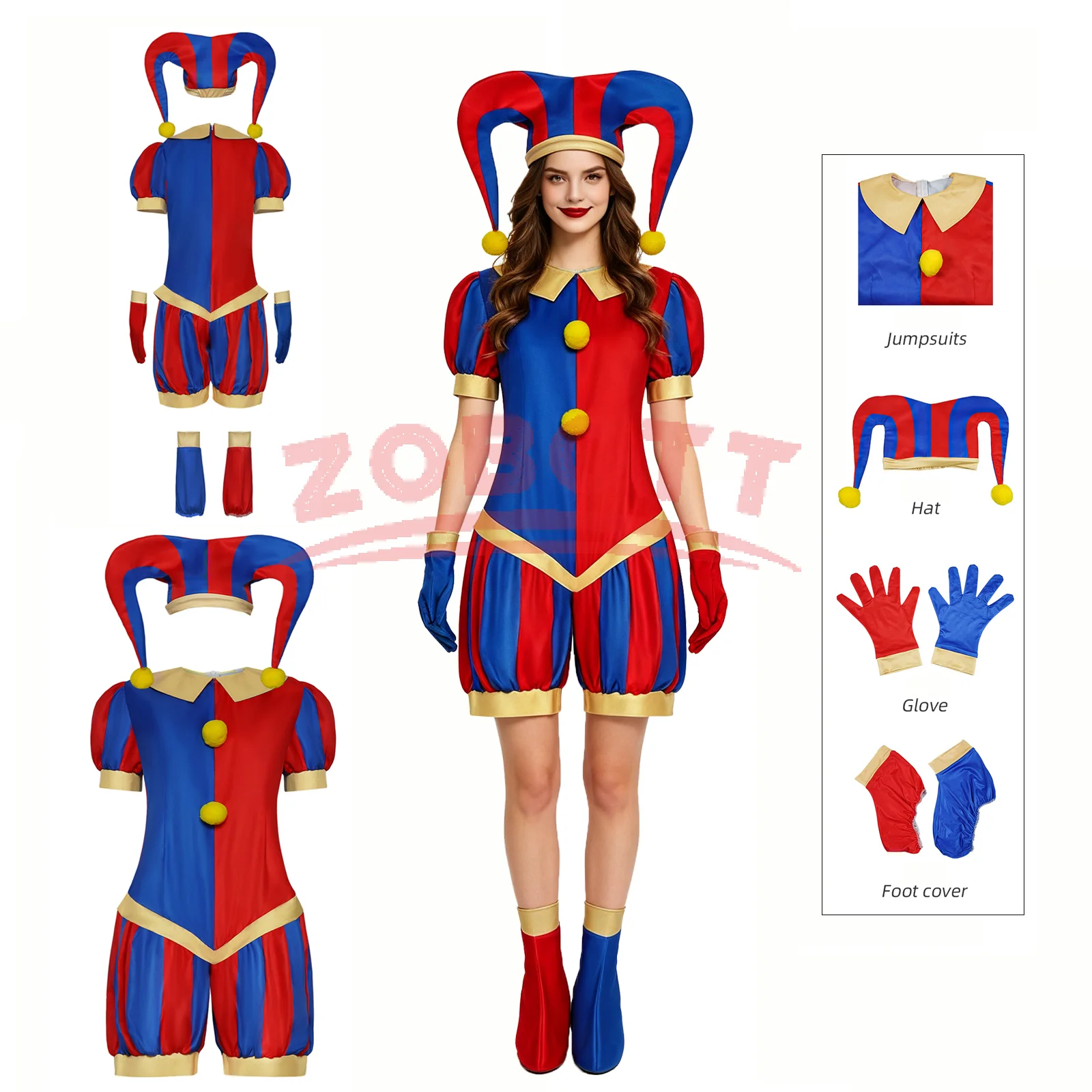 Anime Pomni Cosplay Kostüm mit Hut, Schuhüberzügen, Handschuhen, Magisches Virtuelles Zirkus-Outfit für Halloween, Karneval, Zirkus-Pomni-Kostüm