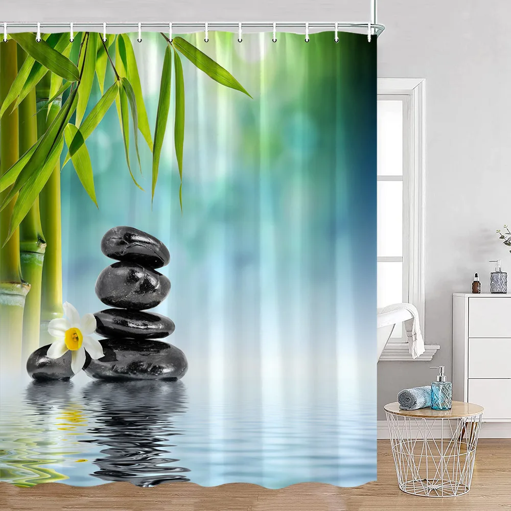 

Zen Green Bamboo Shower Curtain Orchid Buddha Meditation Black Stone Candle Stream Plant Bathroom Decor Polyester Bath Curtain