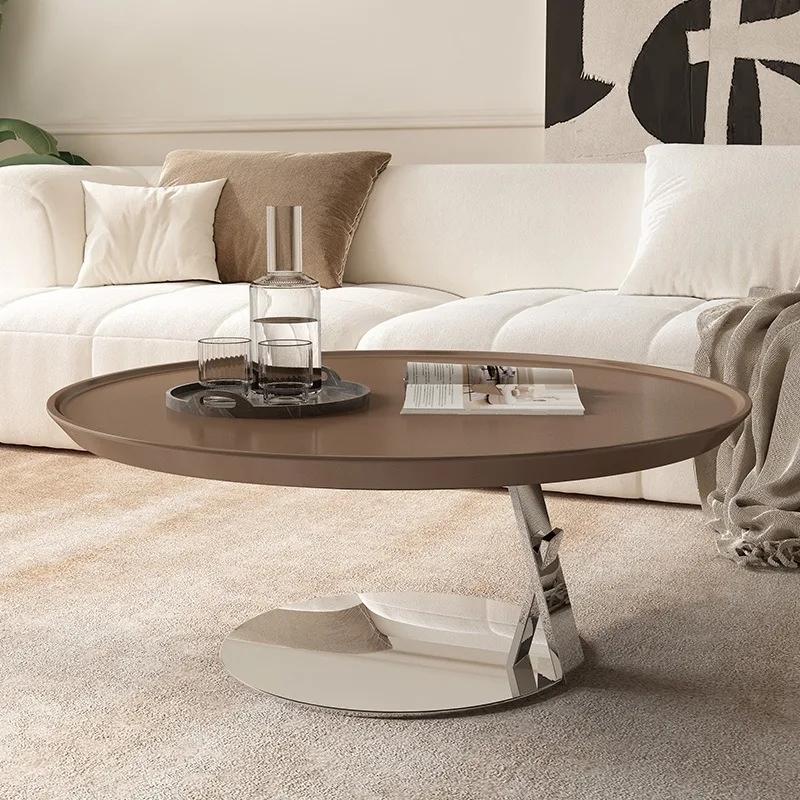 tgModern European Luxury Designer Stainless Steel Wooden Panel Decorative Round Small Living Room Coffee Desk Coffee Table%