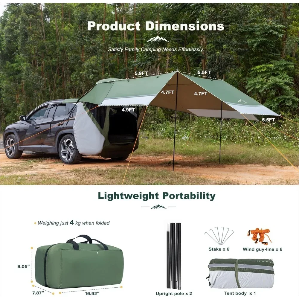 SUV Tent for Camping, Car Awning, Tailgate Tent Windproof Hatchback for Roof Canopy and Poles Universal Waterproof