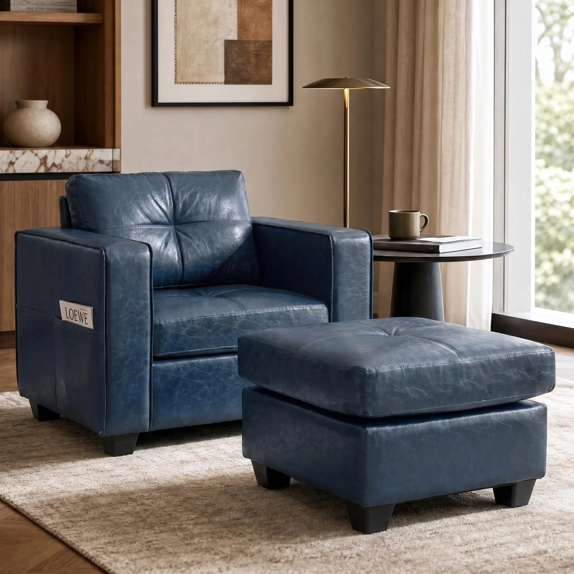 Oversized Accent Chair with Ottoman, Chaise Lounge for Living Room | Leather Chaise Lounge Chair, Wide Armchair with