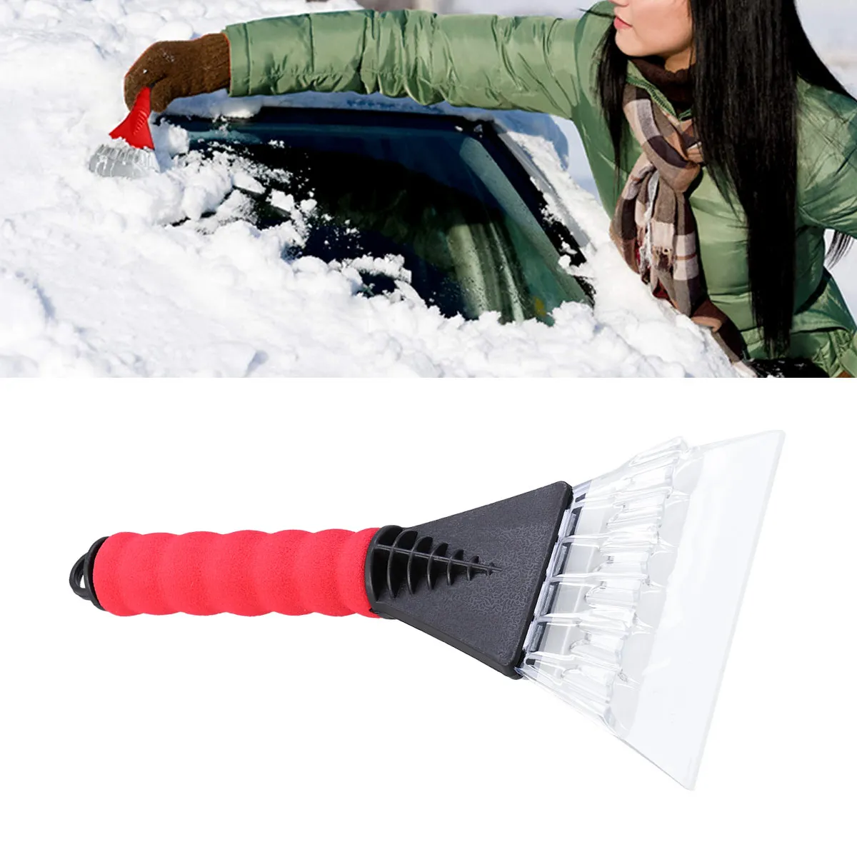 Ice Scraper for Car Snow Scraper Windshield Cleaner Curved Design Ergonomic Handle Thick Plastic Grip Red