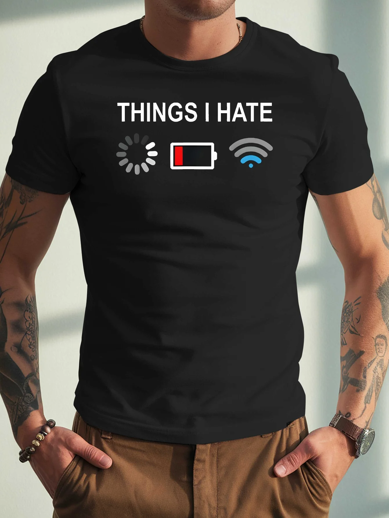 Men Short Sleeve Crew Neck Tee Funny Things I Hate Loading Battery Wifi Graphic Print Casual T Shirt Summer Daily Fashion Tops
