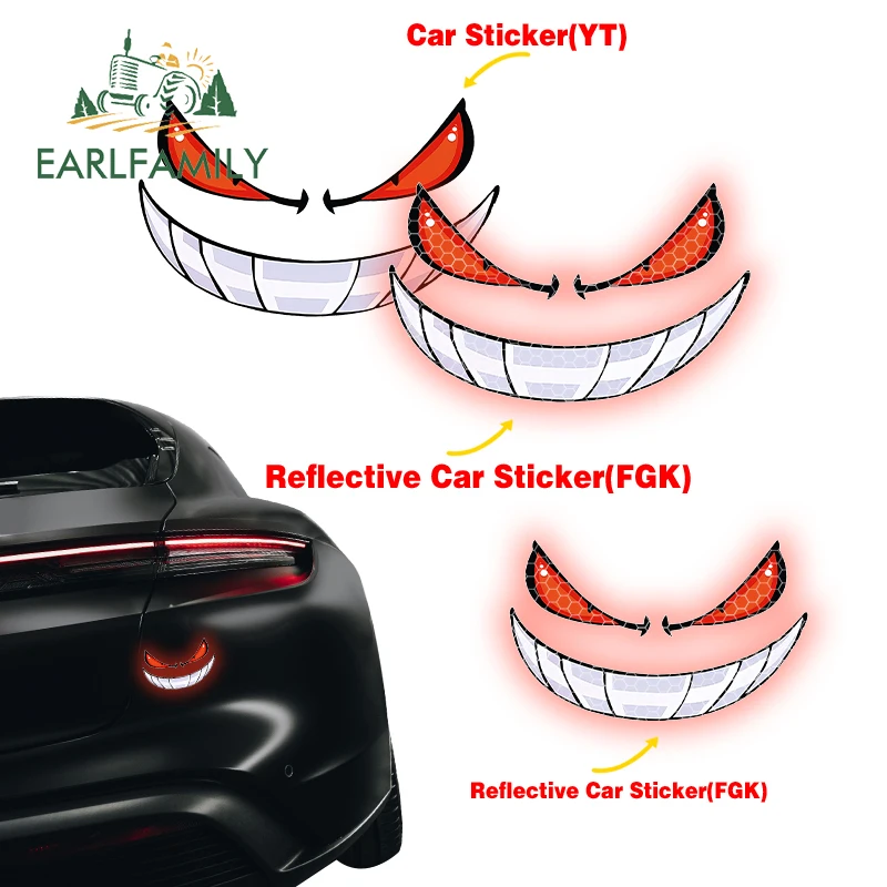 EARLFAMILY Reflective Evil Demon Red Eyes Car Stickers Grin With Exposed Teeth Expression Accessories Decal Trunk Car Styling