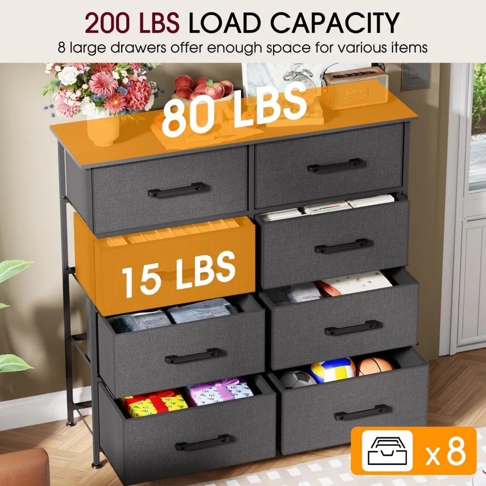 خزانة قماش ذات 8 أدراج بإطار معدني وسطح خشبي، برج تخزين طويل للخزانة، غرفة المعيشة، مدخل باللون الرمادي