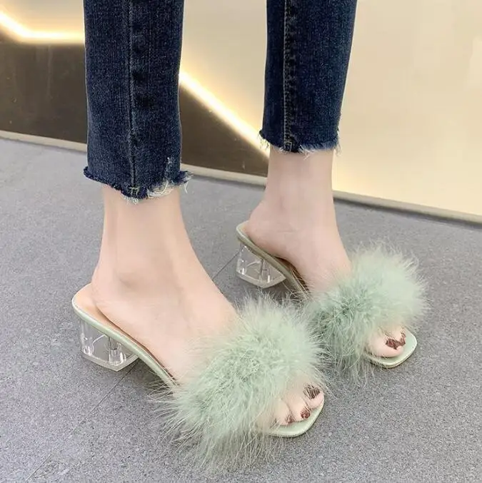 2023 New Woman Shoes Transparent Crystal High Heels Woman Feather Fur Slippers Pumps Women Peep Toe Lady Cute Plush Slippers