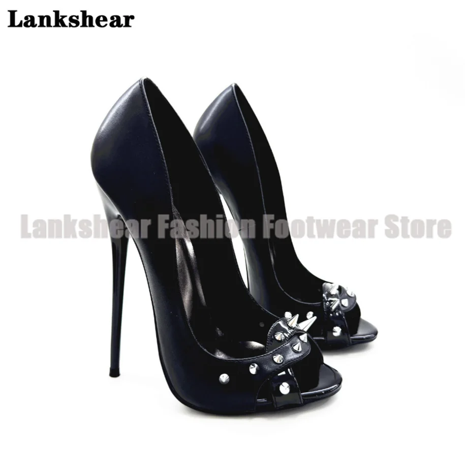 

16Cm Black Matte Leather Rivet Pumps Peep Toe Slip On High Heels Sandals Women Shoes Party Dress Shoes Sandalias De Mujer Verano