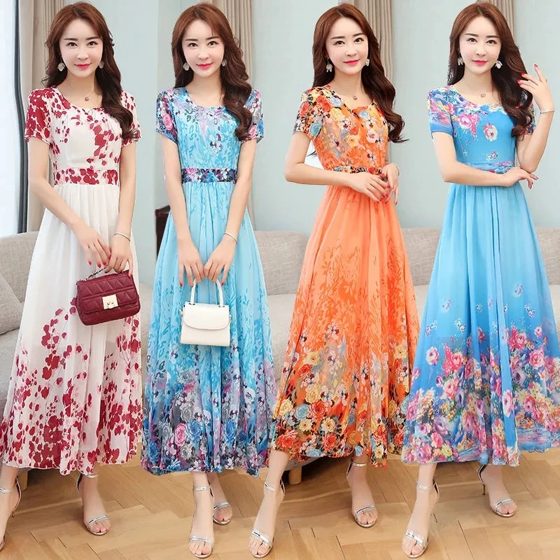 2024 Beach Floral Chiffon Midi Dress Women Elegant Summer Korean Fashion Casual Bodycon Party Evening Long Dresses