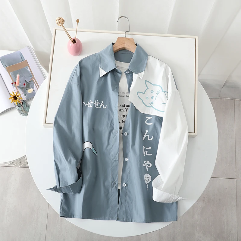 2025 Spring and Autumn Japanese Style Cute Cat Print Color Block Long Sleeve Shirt Men's White Blue Pink Casual Loose Shirt