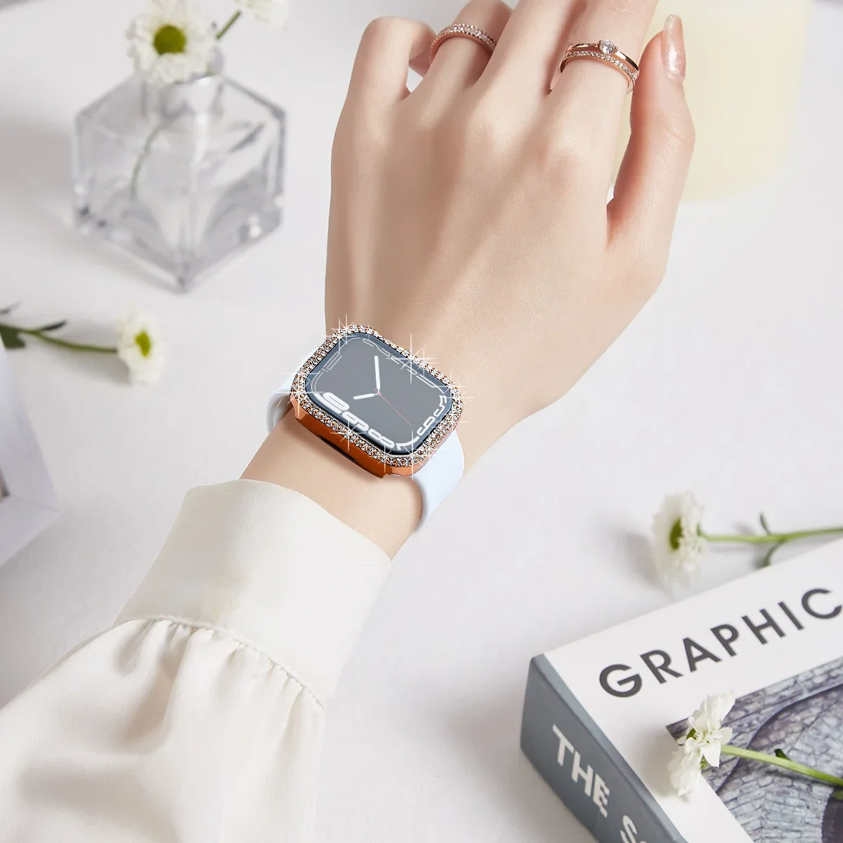 الماس + المقسى فيلم حالة ل أبل ساعة 9 8 7 45 مللي متر 44 مللي متر الزجاج الغطاء الواقي ل IWatch 6 5 4 3 SE3 41 مللي متر 40 مللي متر 42 مللي متر قذيفة