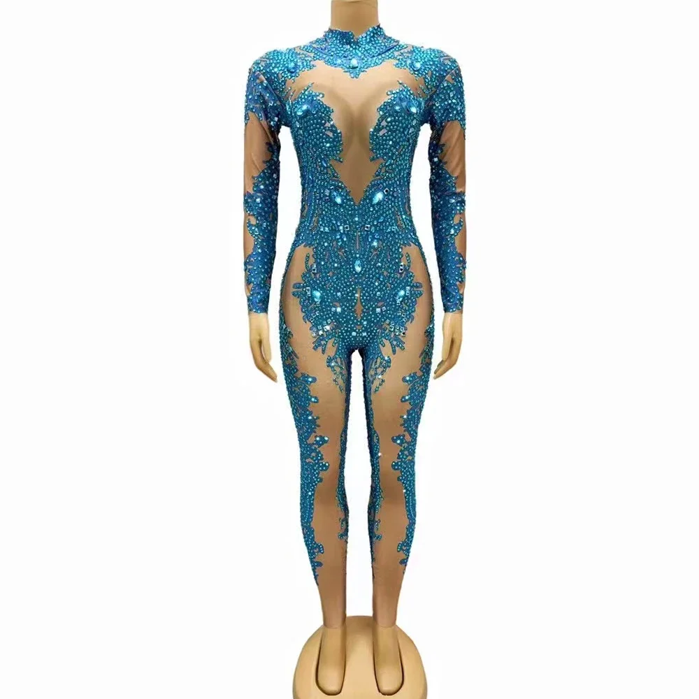 

Diamond bodysuit Azure Blue Color Sheath Jumpsuit Nightclub Singer DJ Performance Costume Dancer Stage Wear