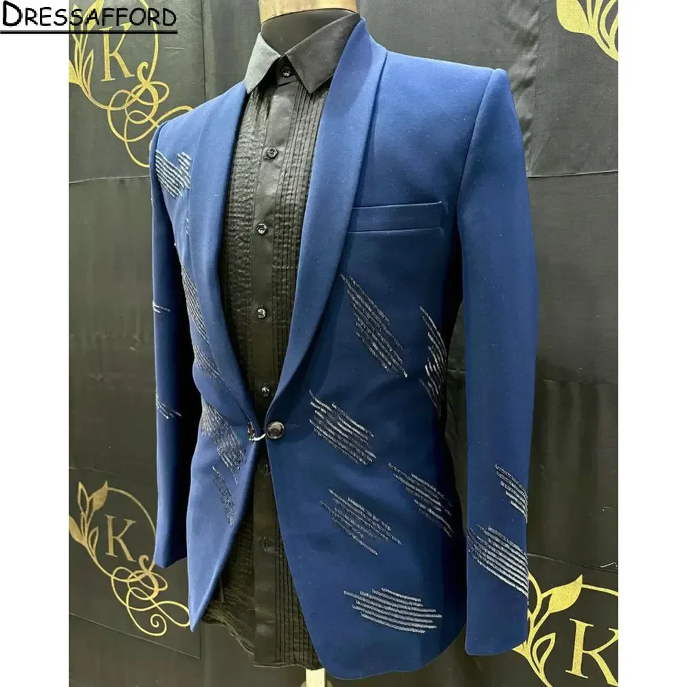 Blue Sequined Appliques Men Suits Groom Wedding Tuxedos 2 Pieces Sets Dinner Prom Blazers Terno Masculino Completo