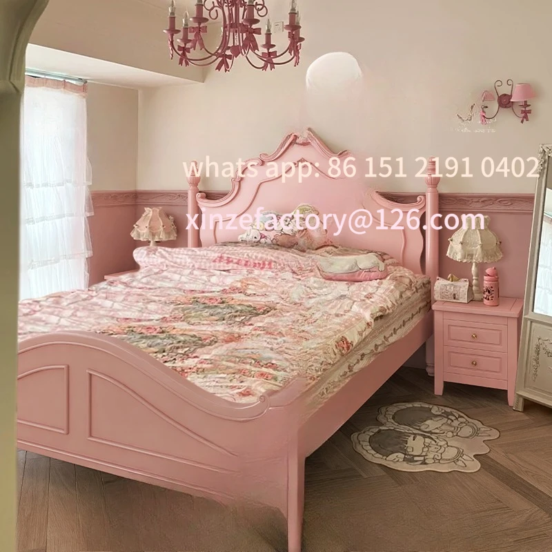 

Customizable new solid wood bed pink girl princess bed