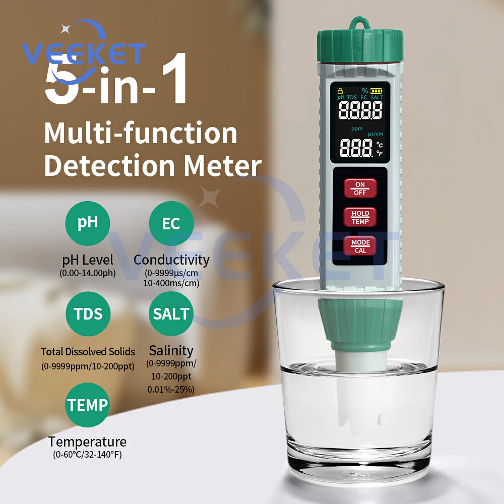 

X51 Digital Water Quality Monitor Tester TDS PH Meter PH/TDS/EC/SALT/Temperature Meter for Pools Drinking Water Aquariums