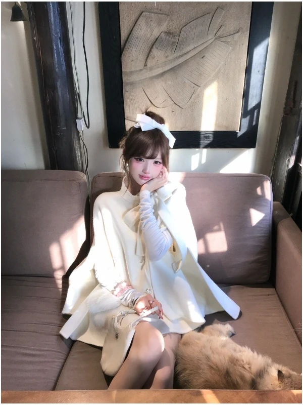 

Winter Luxury Feel Cape Jaet Loose Knot Small Fraance Sle Women's Long Sve Mid-Length Coat for Young Women