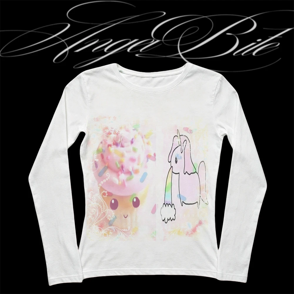 Kawaii Coquette Damen Rundhals-Langarmshirt mit süßem Einhorn-Eiscreme-Print, schmal geschnittenes Y2K Vintage Casual T-Shirt – Detail 1
