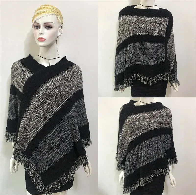 Autumn Winter National Style Imitation Cashmere Cloak Shawl Knitted Pullover Tassel Scarf Women Long Sunscreen Shawl Black