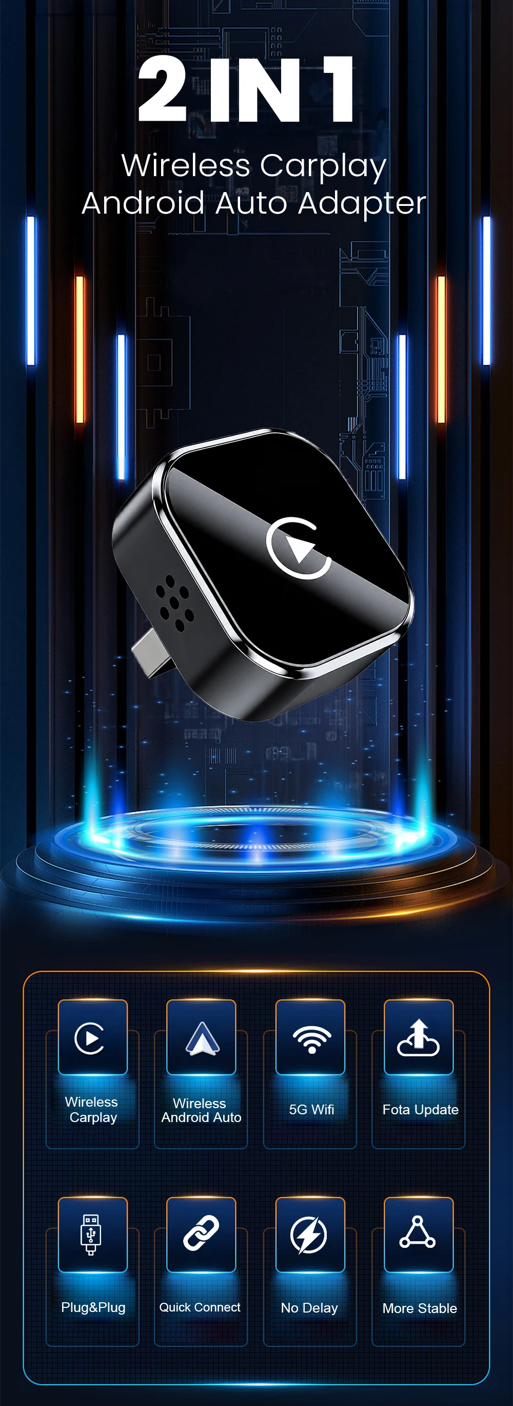2-in-1 Kabelgebundenes zu Kabelloses CarPlay Android Auto AI Smart Box Plug-and-Play 5GHz WLAN für Fahrzeuge mit kabelgebundenem CarPlay-Intelligentesystem – Detail 2