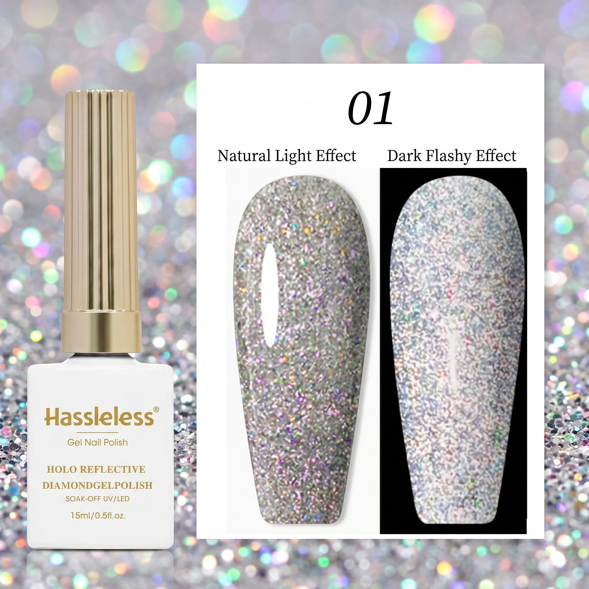 Hassleless Single Bottle Silver Glitter Nail Polish, Mixed Glitter Nail Polish, Silver Base with Multi-Sized Multi-Faceted Iridescent Glitter
