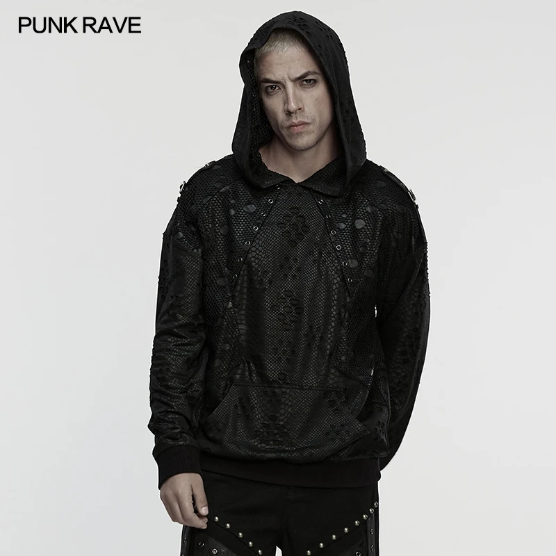

PUNK RAVE Men's Punk Harajuku Decadent Irregular Tattered Mesh Loose Hoodie Shoulder Buckles Dark Charm Handsome Cool Tops