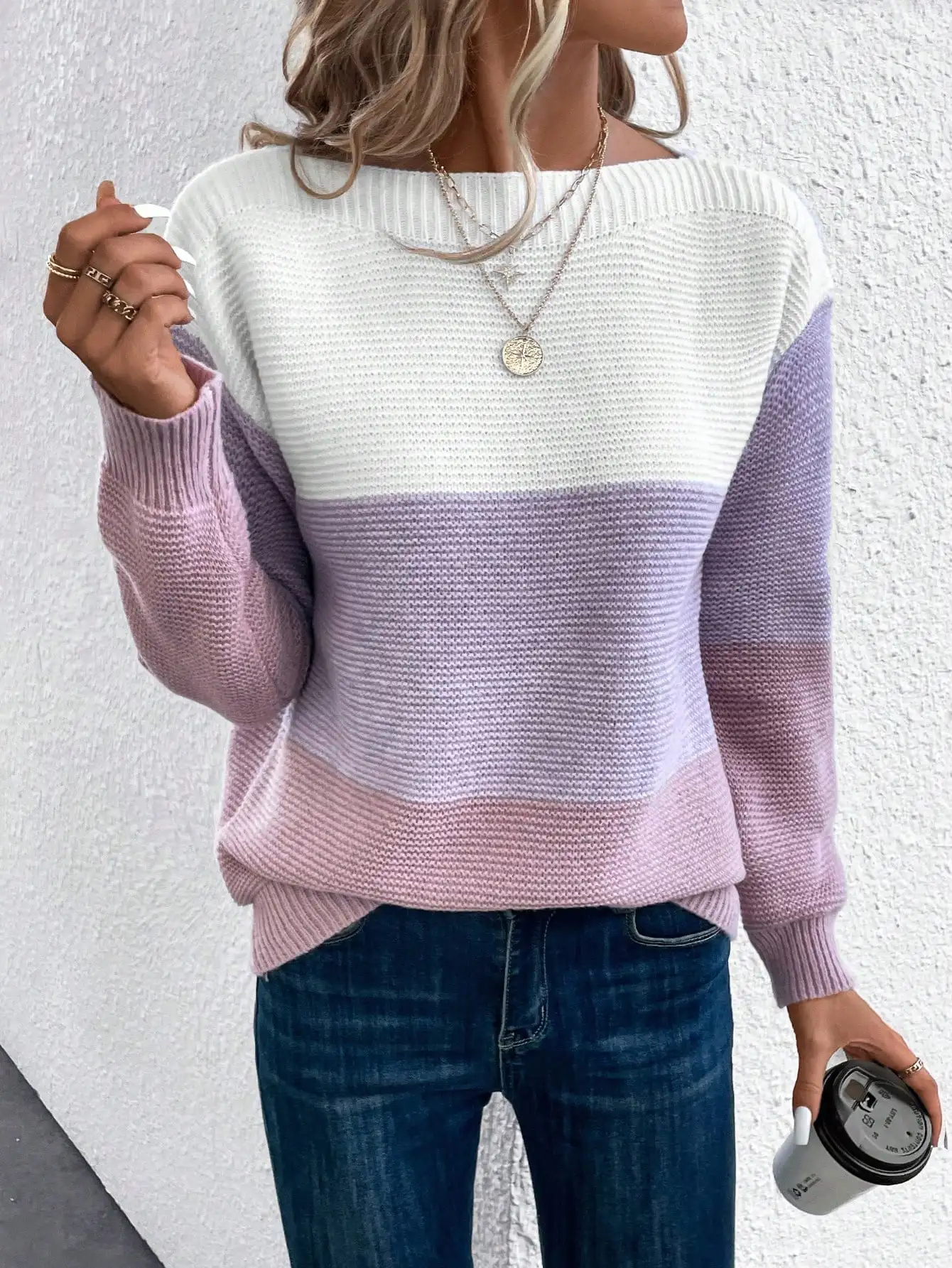 Fashion Women Boat Neck Knit Top 3 Tone Color Block Stripe Drop Shoulder Loose Knitted Pullover