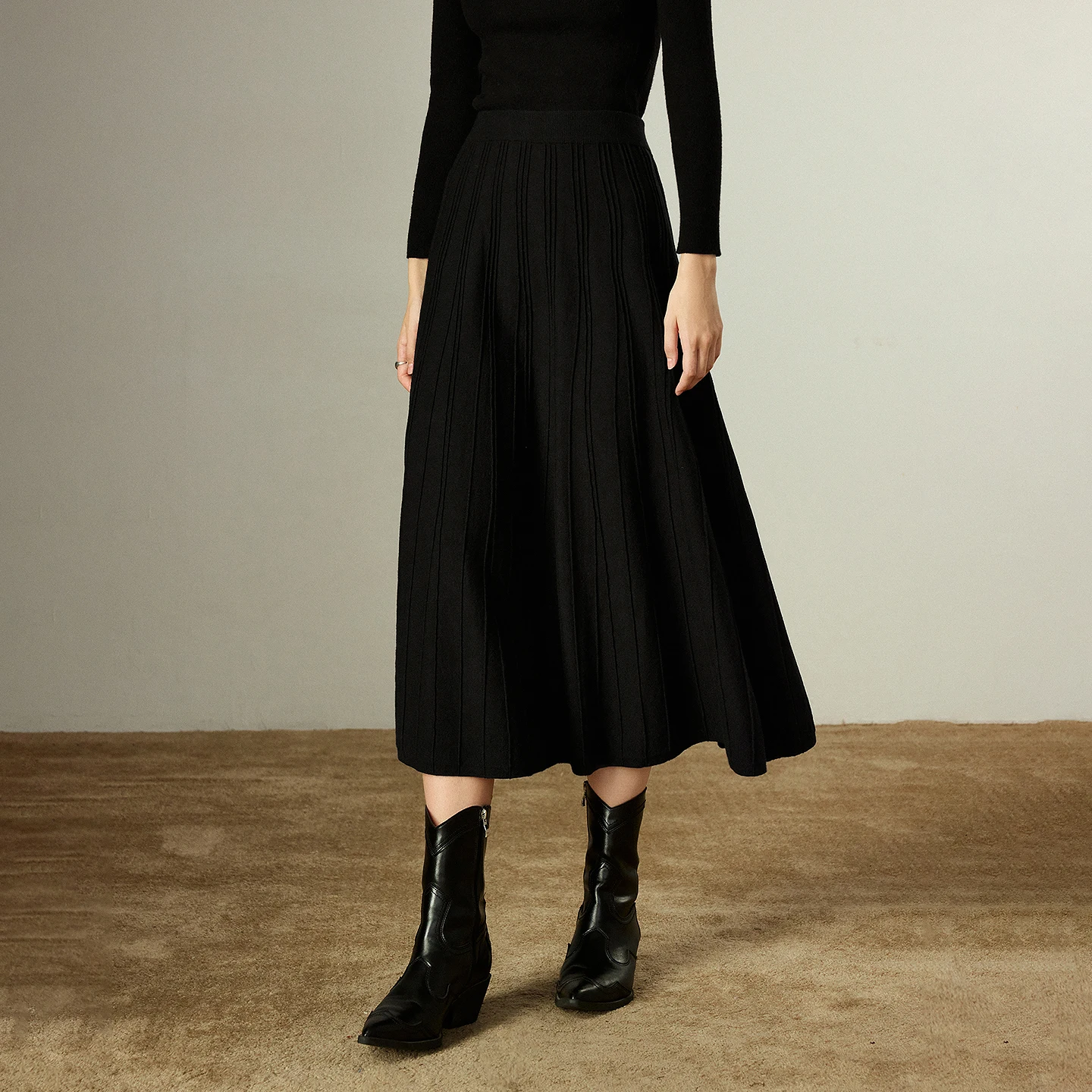 TOYOUTH Women Midi Skirts 2025 Winter New Back Elastic Waist 3D Rib Knitted Black Versatile Umbrella-style Skirts