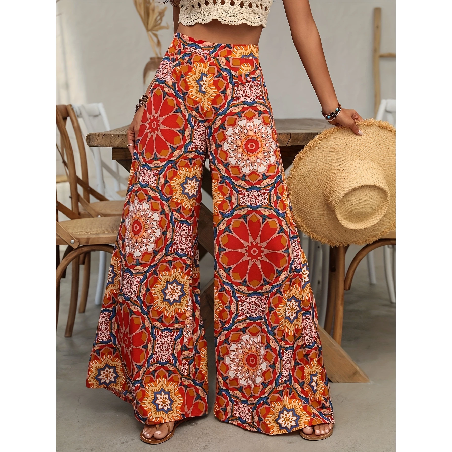 

Women's Wide Leg Pants Floral Print High Waist Long Trousers Holiday Sle New Arrival Polyester Fabric Summer 2024