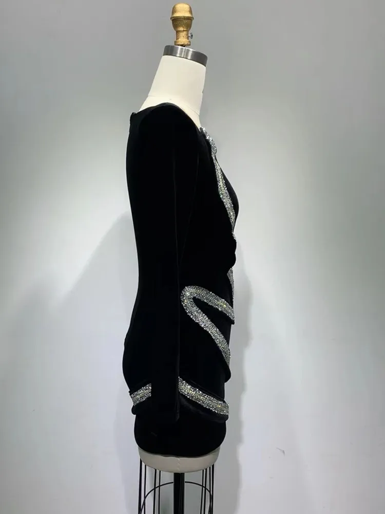 Women Winter Sexy Long Sleeve Mesh Snake Dianonds Black Velvet Mini Bodycon Custume Dress 2022 Elegant Party Performance Dress