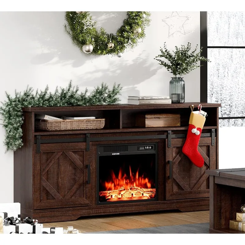 

Fireplace TV Stand for TVs Up to 65 Inch, Farmhouse Wood Electric Fireplace TV Console, Entertainment Center with Storage.