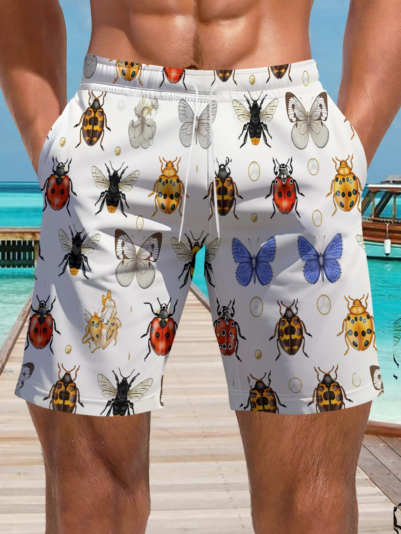 Mens Insect Bug Print Quick Dry Drawstring Waist Beach Shorts Swim Trunks 2026