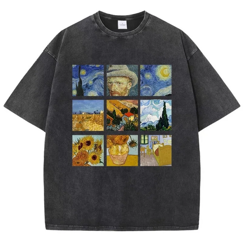 Vintage Washed Famous Painting Collage T-Shirt Unisex Oversized Short Sleeve Art Aesthetic Graphic Streetwear Casual Top