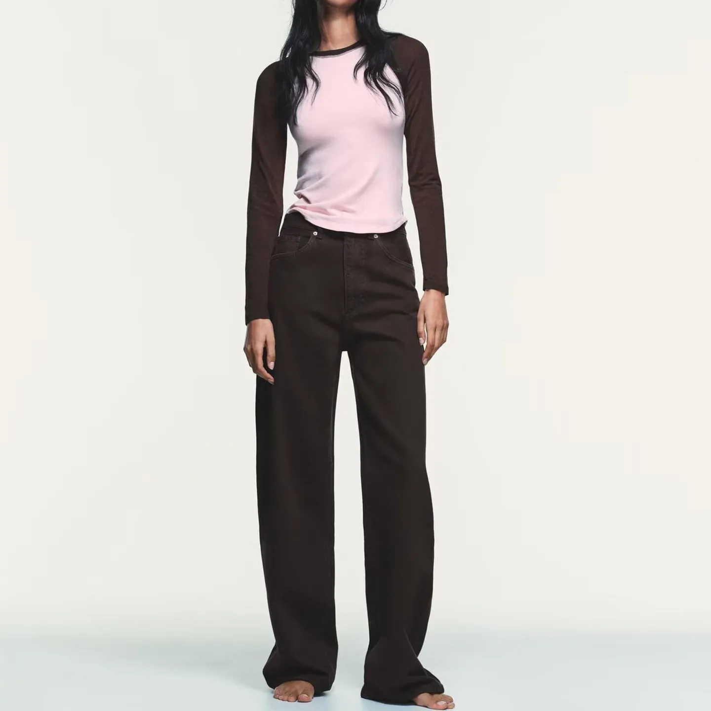 Spring 2026 Women's Long Sleeve round Neck T-Shirt Color Block Shoulder Insertion Casual Style Slim Fit Comfortable Regular L...