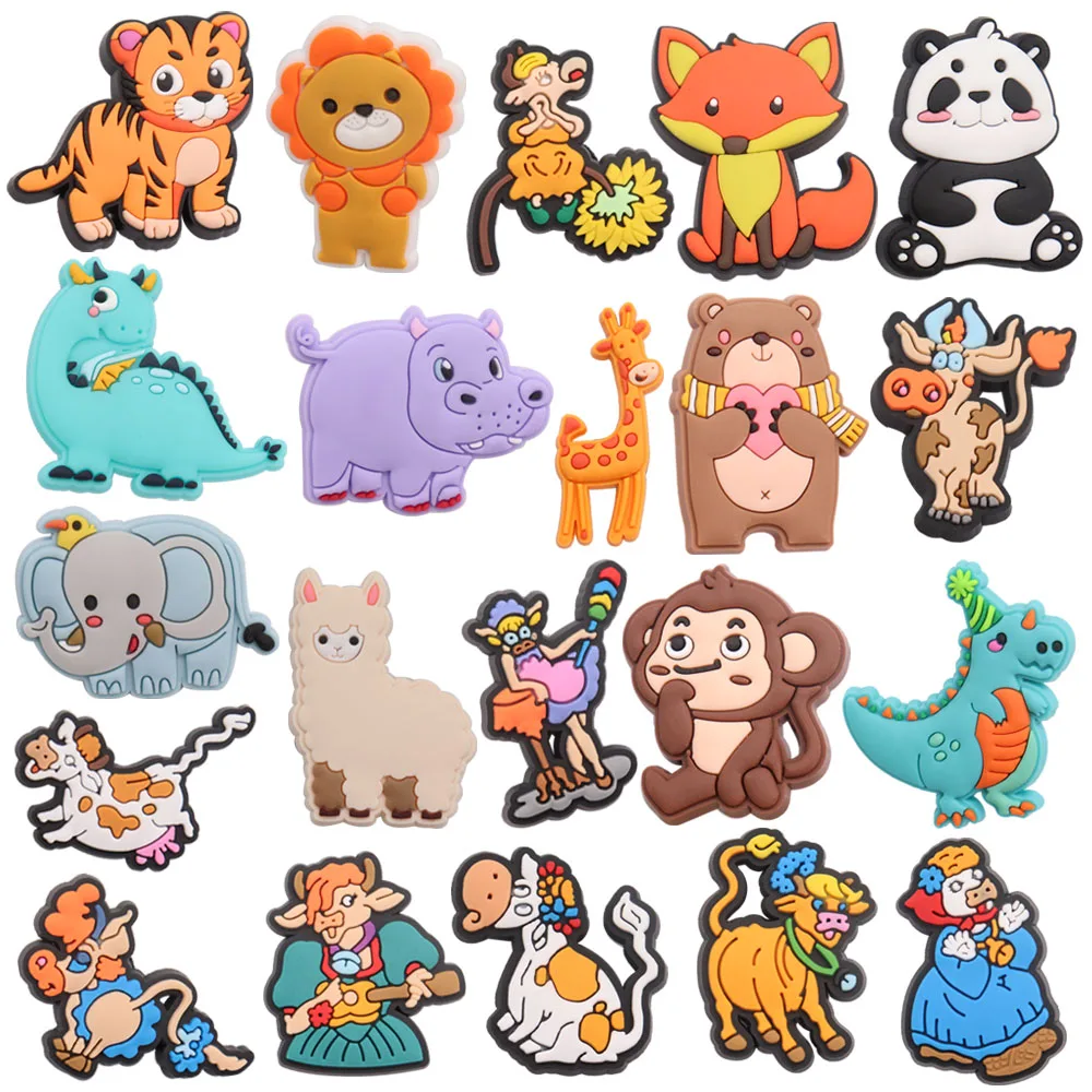 Mix 50pcs PVC Animal Tiger Lion Fox Horse Giraffe Cow Dinosaur Panda Monkey Elephant Shoe Charms Decorations for Bands Bracelets