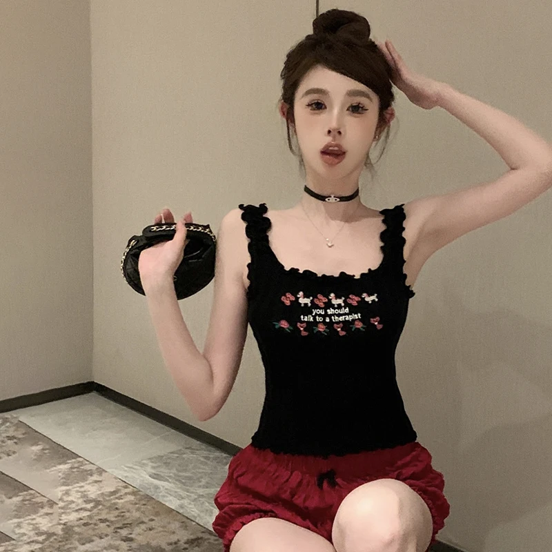 

Sweet Vest Basic Casual Off Shoulder Camisole Female Kpop Streetwear Kawaii Cartoon Graphic Print Tank Top