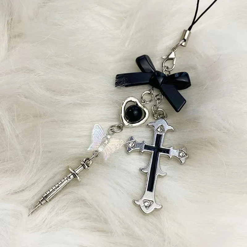 Popular butterfly cross syringe mobile phone chain ins retro Y2K millennial style Korean keychain bag pendant, gift decoration a