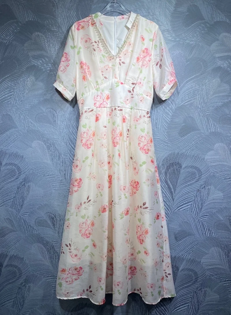 

Top Quality New 2024 Summer Dress Women V-Neck Charming Floral Print Beading Deco Short Sleeve Elegant Party Long Maxi Dress