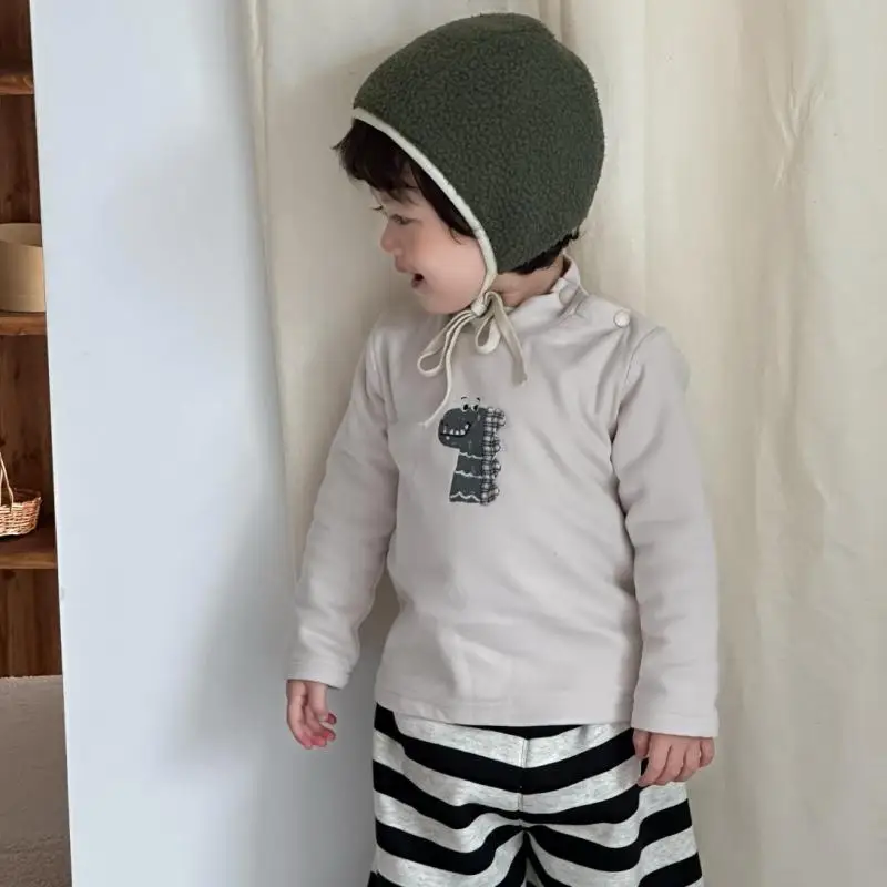 

2025 Winter New Baby Long Sleeve Fleece Tops Girls Cute Cartoon Bottoming Shirts Boys Casual Pullover Infant Plus Velvet Clothes