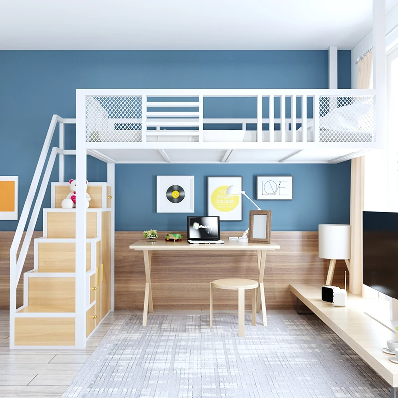 Elevated bed, loft style bed, bed, table, duplex second floor bed, apartment, energy-saving space, single upper floor, loft