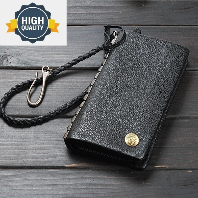 

rivet New fashion chain genuine leather wallet men long purse male clutch bag money clip phone case