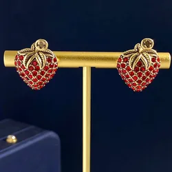New Vintage Style Strawberry Earrings Old Gold Color Inlay Red White Rhinestone Earring Studs For Women Plant Jewelry
