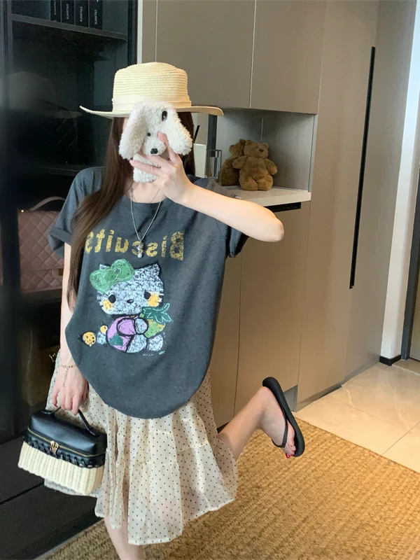 

plus Size Grey Print Short Sleeve T-Shirt Women's Casual Loose Slimming Lazy Style Overhead Summer New Arrival Cotton Top