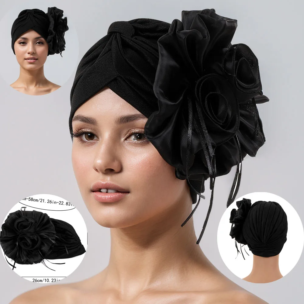 

2025 Индийская шляпа, женские хиджабы, тюрбан с большим цветком, повязки для волос, шапочка, женский африканский мусульманский шарф от выпадения волос, шапка, повязки на голову, тюрбан