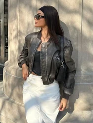 Chicheca-Chaqueta corta de piel sintética para mujer, abrigo Vintage de PU, chaqueta Bomber, ropa de otoño e invierno