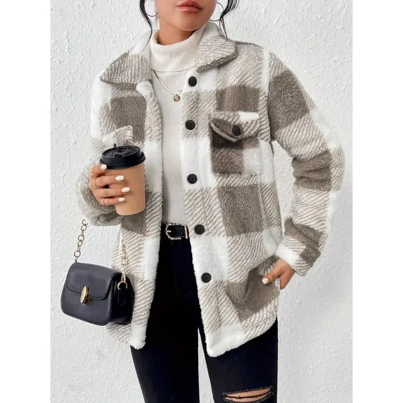 

Europe And The United States Autumn And Winter Women Leisure Lapel Plaid Coat Plaid Pattern Button Front Jacket Women Tops
