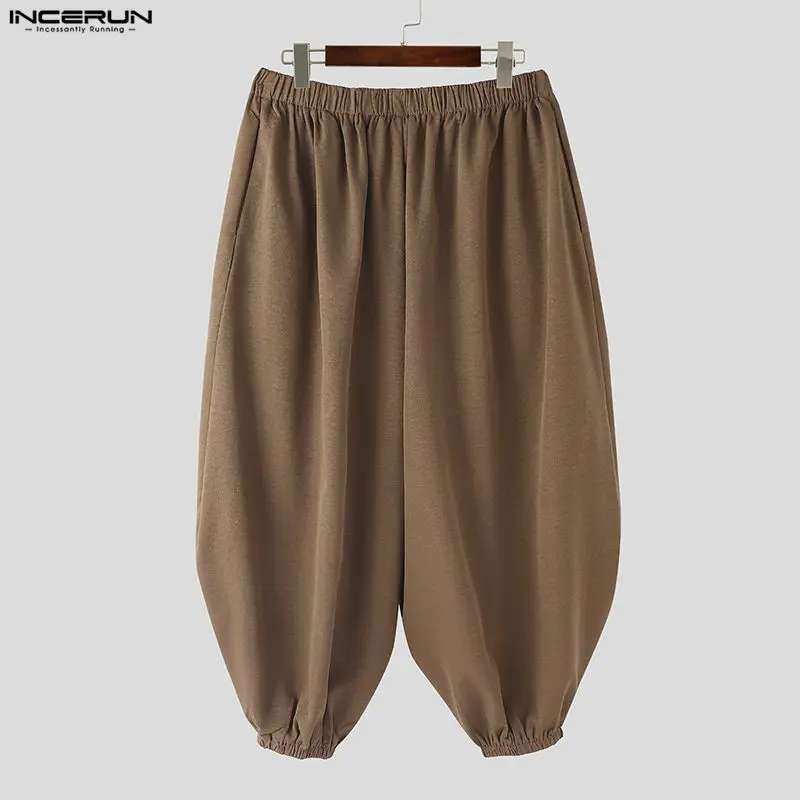 INCERUN Men Pants Solid Color Joggers Baggy Elastic Waist Casual Lantern Pants Men Streetwear 2026 Fashion Calf-length Trousers