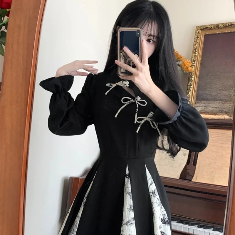 Retro Printed Patchwork Long Dress Women Elegant Chinese Style Vintage Maxi Dresses Streetwear Robe Woman Clothing New