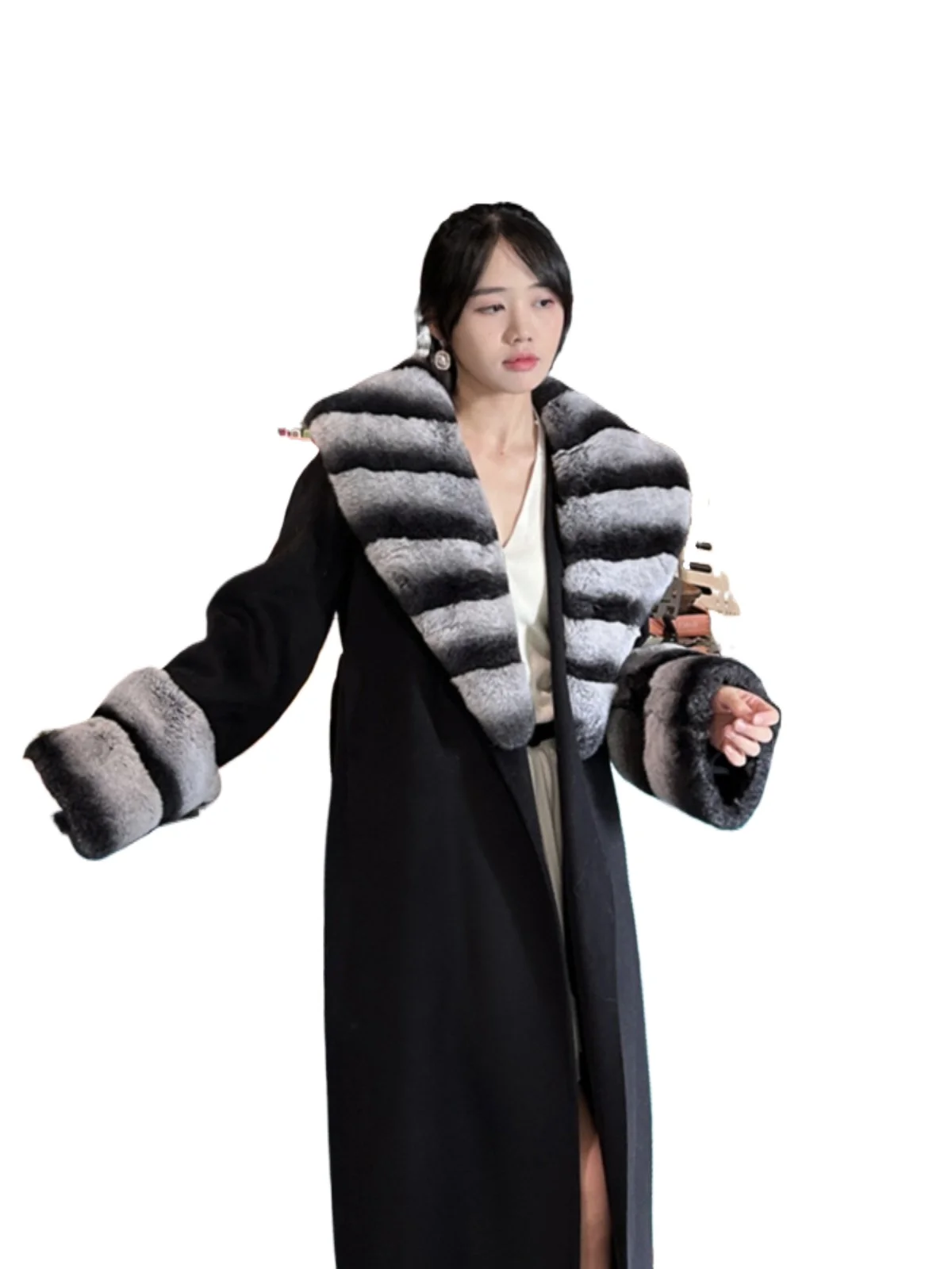 Temperament Chinchilla coat 2025 autumn and winter new Rex Rabbit double-sided cashmere coat medium and long woolen coat women